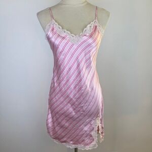 VTG Cruz Pink White Striped Satin Lace Trim Slip Dress Chemise Chic Slit Womens